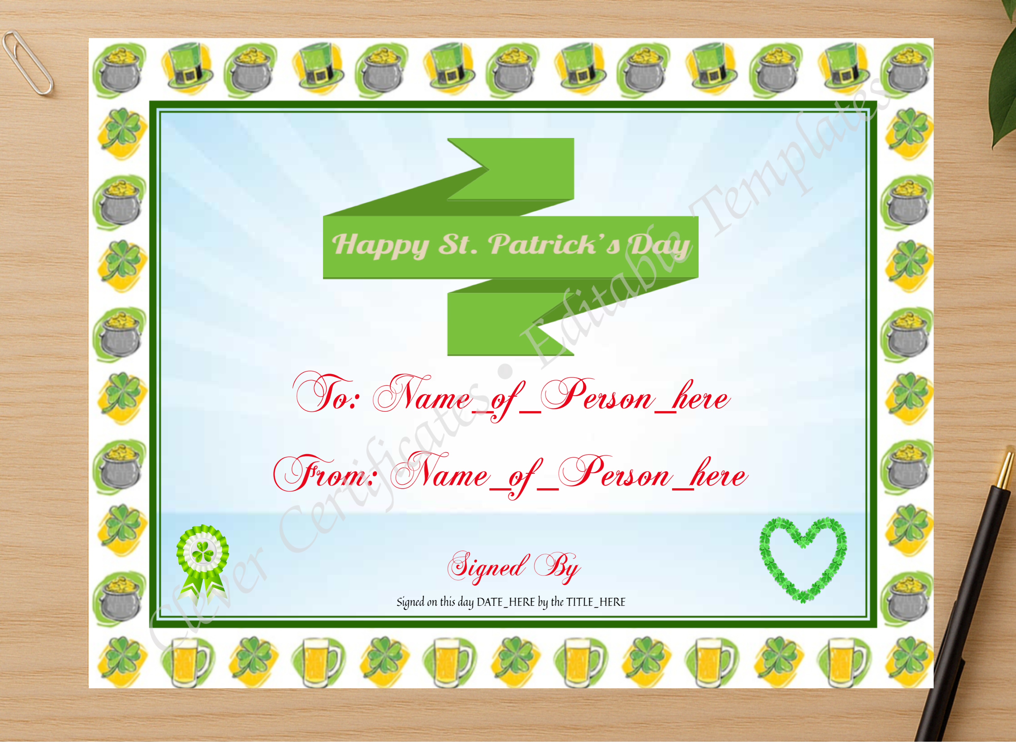 Professional preview of Happy St Patricks Day 2 certificate on high-quality stationery paper, ideal for showcasing the final look.