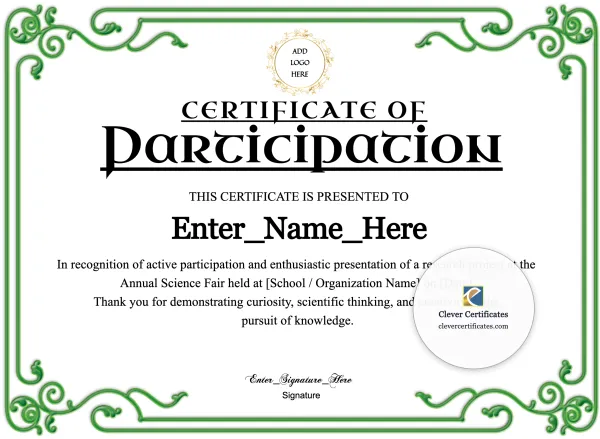 Free Science Fair Participation Certificate