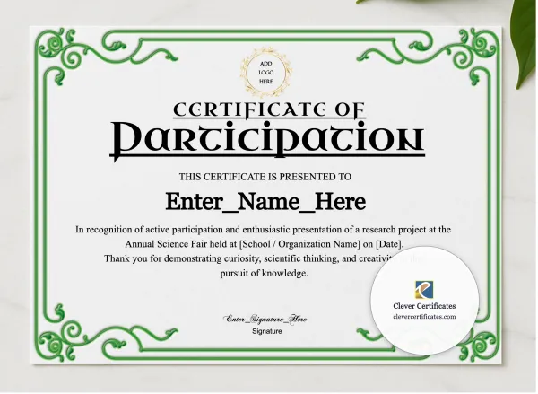 Science Fair Participation Certificate presented in a sleek wooden frame, elegantly arranged on a stylish table.