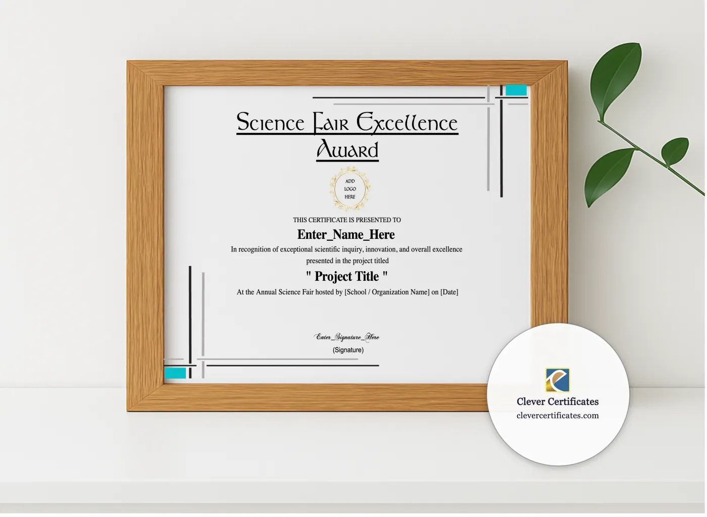 Realistic mockup featuring Science Fair Excellence Award displayed within a modern frame, set against a minimalistic background.