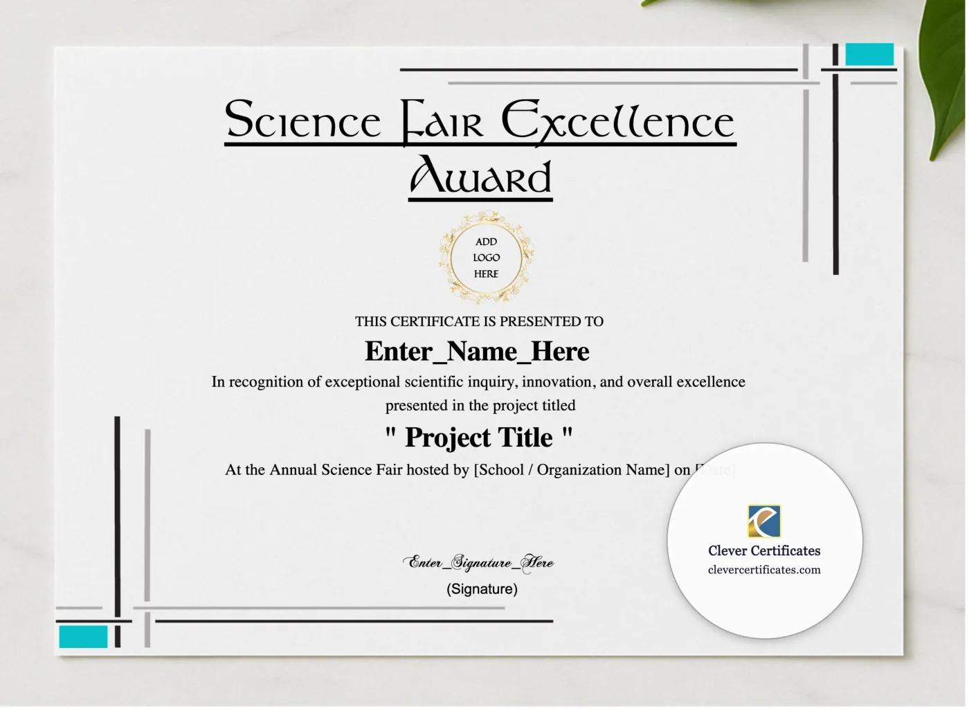 Science Fair Excellence Award presented in a sleek wooden frame, elegantly arranged on a stylish table.
