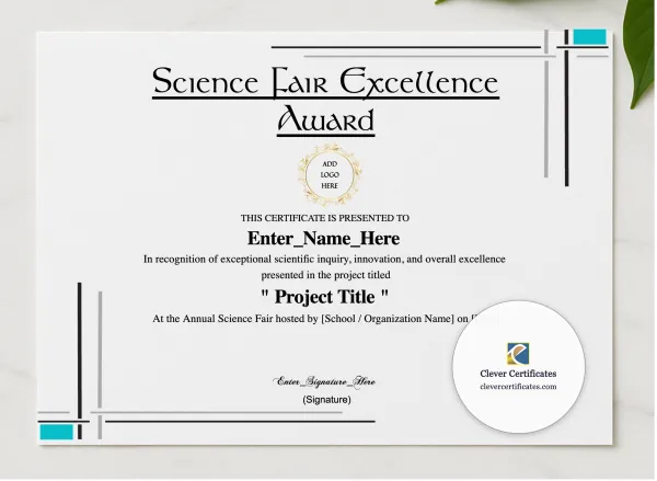 Science Fair Excellence Award presented in a sleek wooden frame, elegantly arranged on a stylish table.