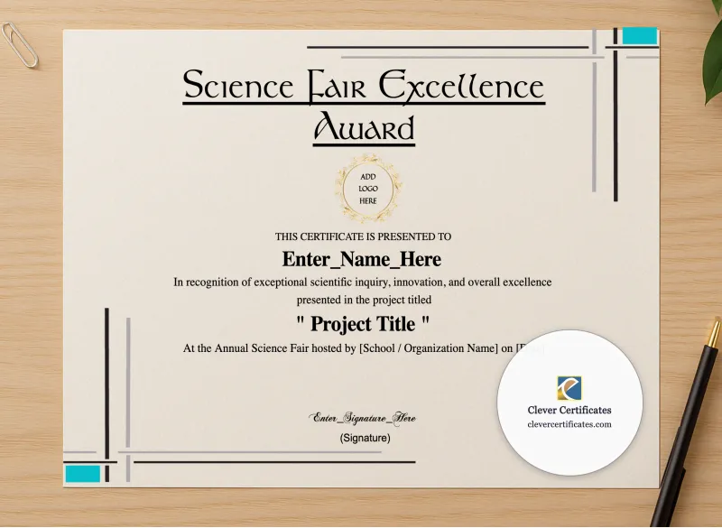 Professional preview of Science Fair Excellence Award certificate on high-quality stationery paper, ideal for showcasing the final look.