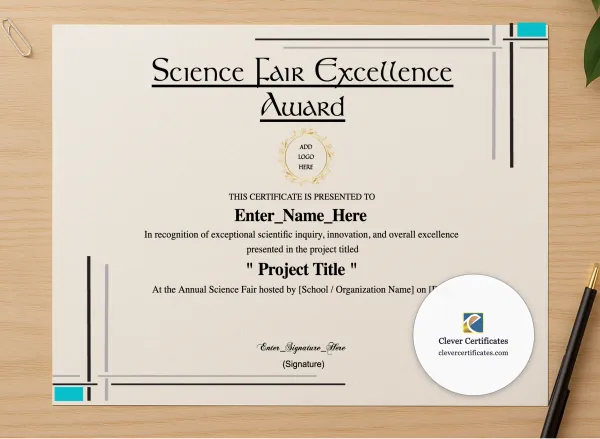 Professional preview of Science Fair Excellence Award certificate on high-quality stationery paper, ideal for showcasing the final look.