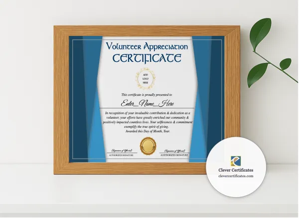 Realistic mockup featuring School Volunteer Appreciation Certificate displayed within a modern frame, set against a minimalistic background.