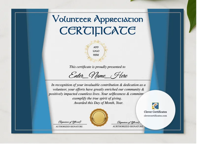 School Volunteer Appreciation Certificate presented in a sleek wooden frame, elegantly arranged on a stylish table.