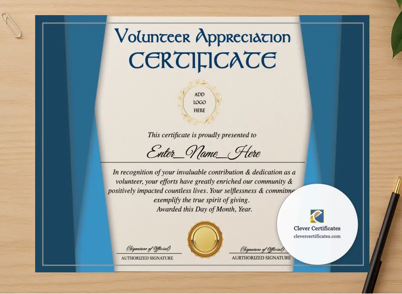 Professional preview of School Volunteer Appreciation Certificate certificate on high-quality stationery paper, ideal for showcasing the final look.