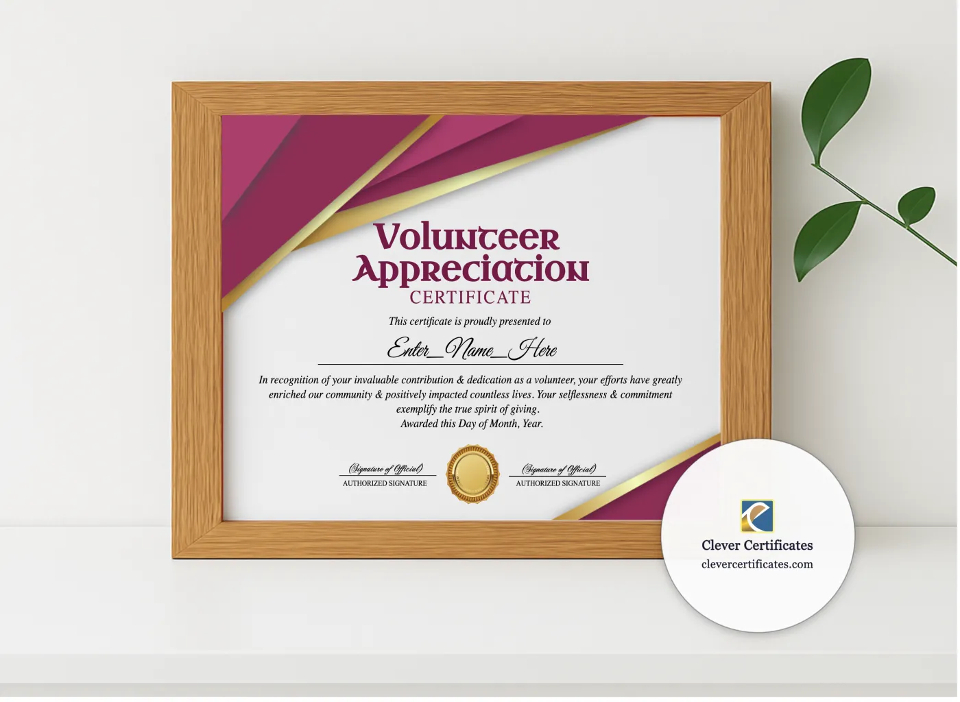 Realistic mockup featuring Parent Volunteer Appreciation Certificate displayed within a modern frame, set against a minimalistic background.