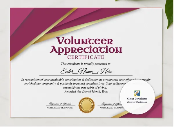 Parent Volunteer Appreciation Certificate presented in a sleek wooden frame, elegantly arranged on a stylish table.