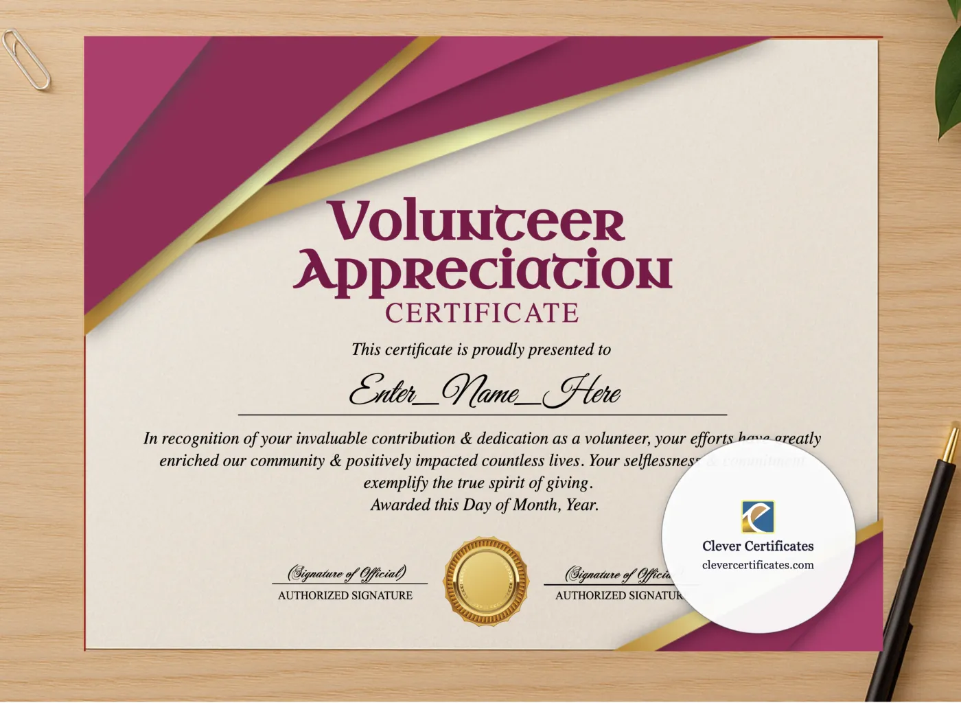 Professional preview of Parent Volunteer Appreciation Certificate certificate on high-quality stationery paper, ideal for showcasing the final look.