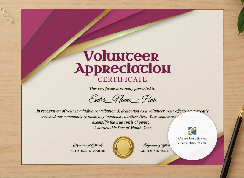 Professional preview of Parent Volunteer Appreciation Certificate certificate on high-quality stationery paper, ideal for showcasing the final look.