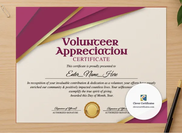 Professional preview of Parent Volunteer Appreciation Certificate certificate on high-quality stationery paper, ideal for showcasing the final look.
