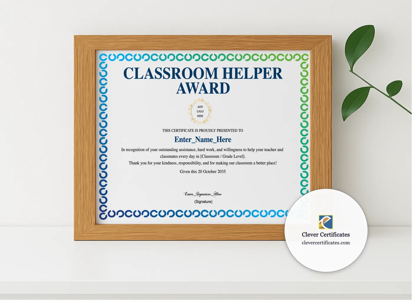 Realistic mockup featuring Classroom Helper Award displayed within a modern frame, set against a minimalistic background.