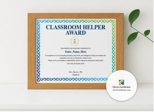 Realistic mockup featuring Classroom Helper Award displayed within a modern frame, set against a minimalistic background.