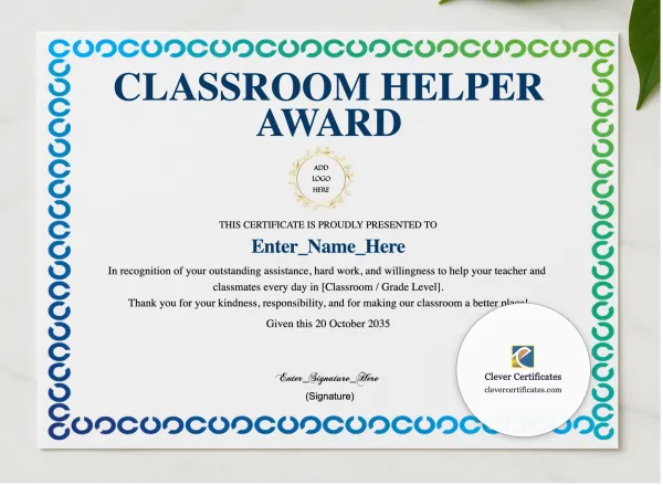 Classroom Helper Award presented in a sleek wooden frame, elegantly arranged on a stylish table.