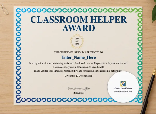 Professional preview of Classroom Helper Award certificate on high-quality stationery paper, ideal for showcasing the final look.