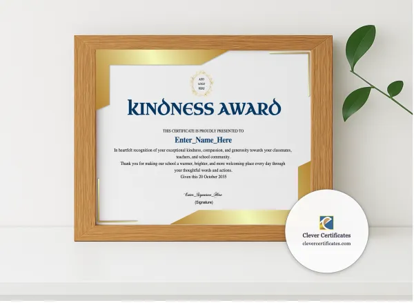 Realistic mockup featuring Kindness Award Certificate displayed within a modern frame, set against a minimalistic background.