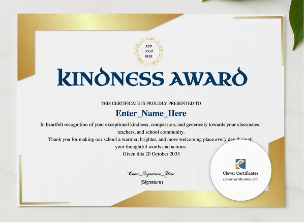Kindness Award Certificate presented in a sleek wooden frame, elegantly arranged on a stylish table.
