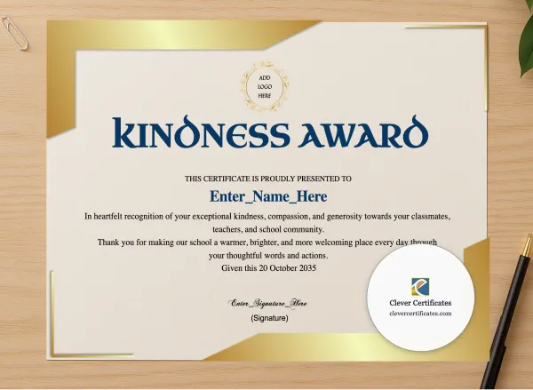Professional preview of Kindness Award Certificate certificate on high-quality stationery paper, ideal for showcasing the final look.