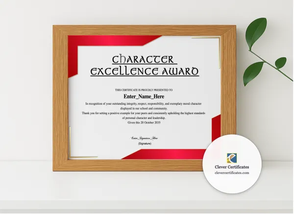 Realistic mockup featuring Character Excellence Award displayed within a modern frame, set against a minimalistic background.