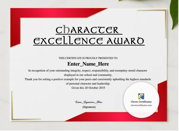 Character Excellence Award presented in a sleek wooden frame, elegantly arranged on a stylish table.