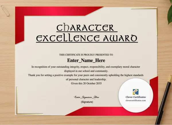 Professional preview of Character Excellence Award certificate on high-quality stationery paper, ideal for showcasing the final look.