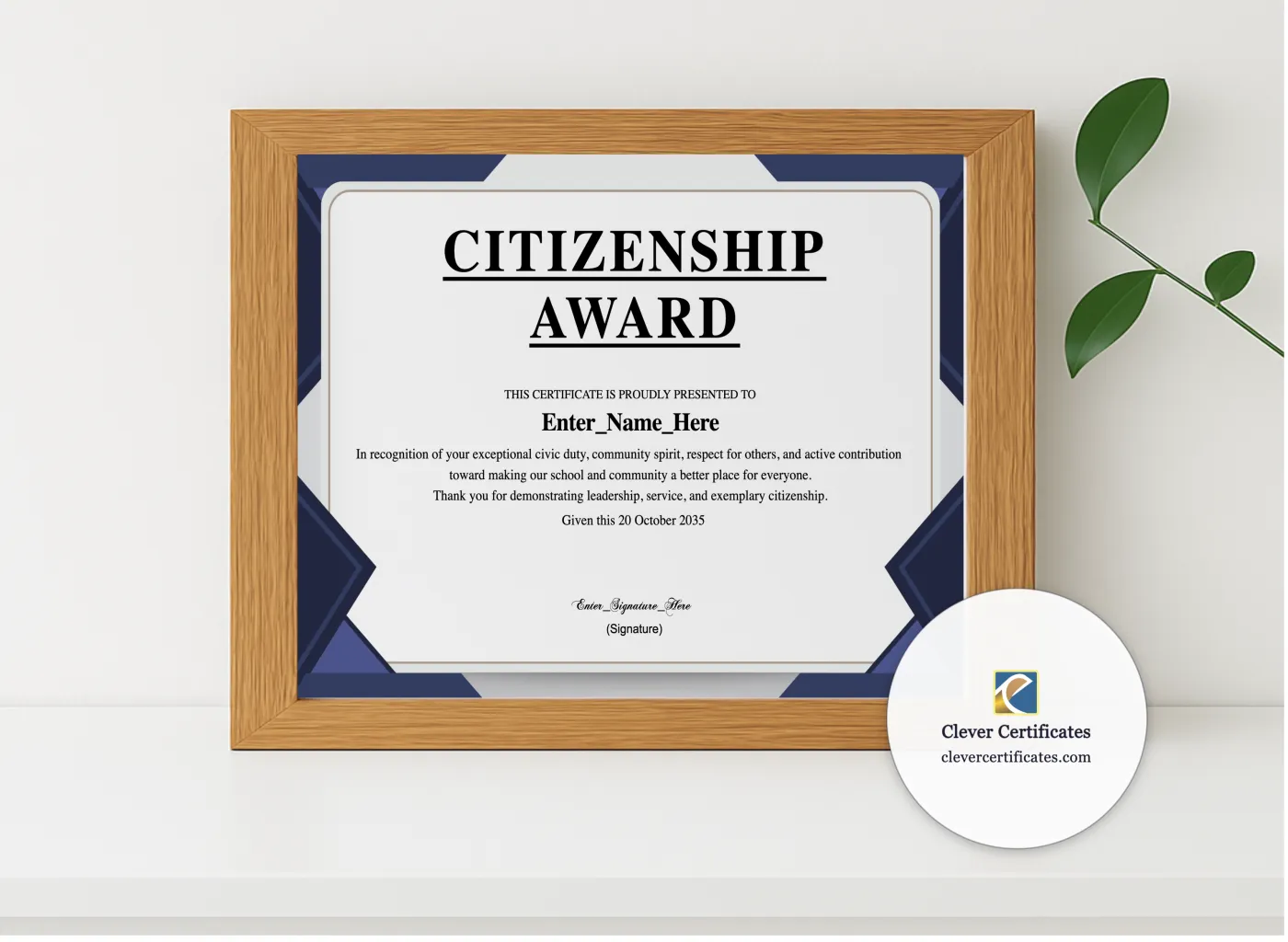 Realistic mockup featuring Citizenship Award Certificate displayed within a modern frame, set against a minimalistic background.