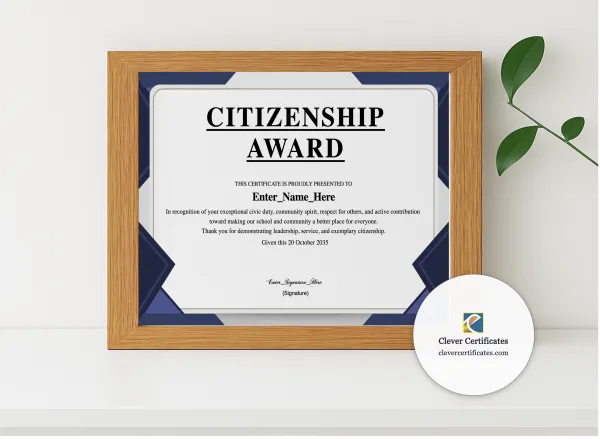 Realistic mockup featuring Citizenship Award Certificate displayed within a modern frame, set against a minimalistic background.