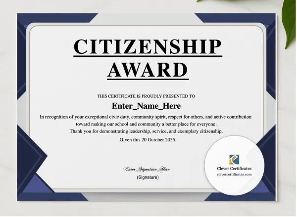 Citizenship Award Certificate presented in a sleek wooden frame, elegantly arranged on a stylish table.