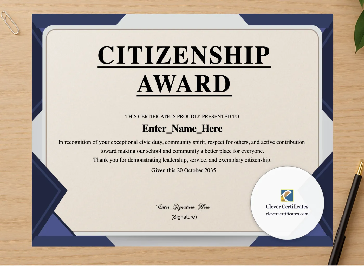 Professional preview of Citizenship Award Certificate certificate on high-quality stationery paper, ideal for showcasing the final look.