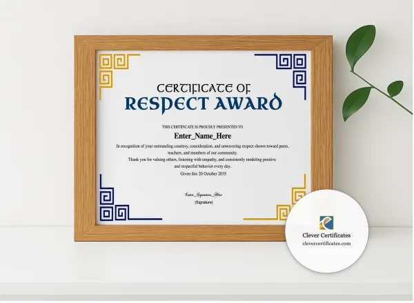 Realistic mockup featuring Respect Award Certificate displayed within a modern frame, set against a minimalistic background.