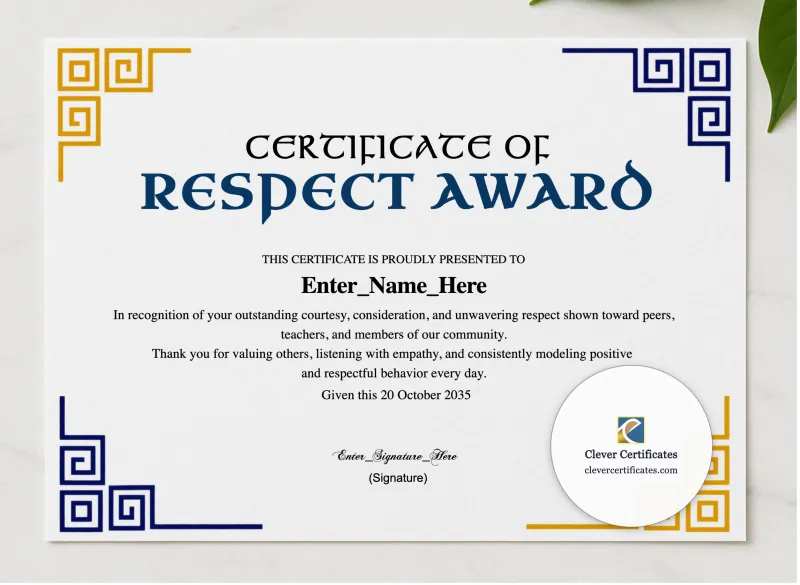 Respect Award Certificate presented in a sleek wooden frame, elegantly arranged on a stylish table.