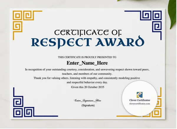 Respect Award Certificate presented in a sleek wooden frame, elegantly arranged on a stylish table.