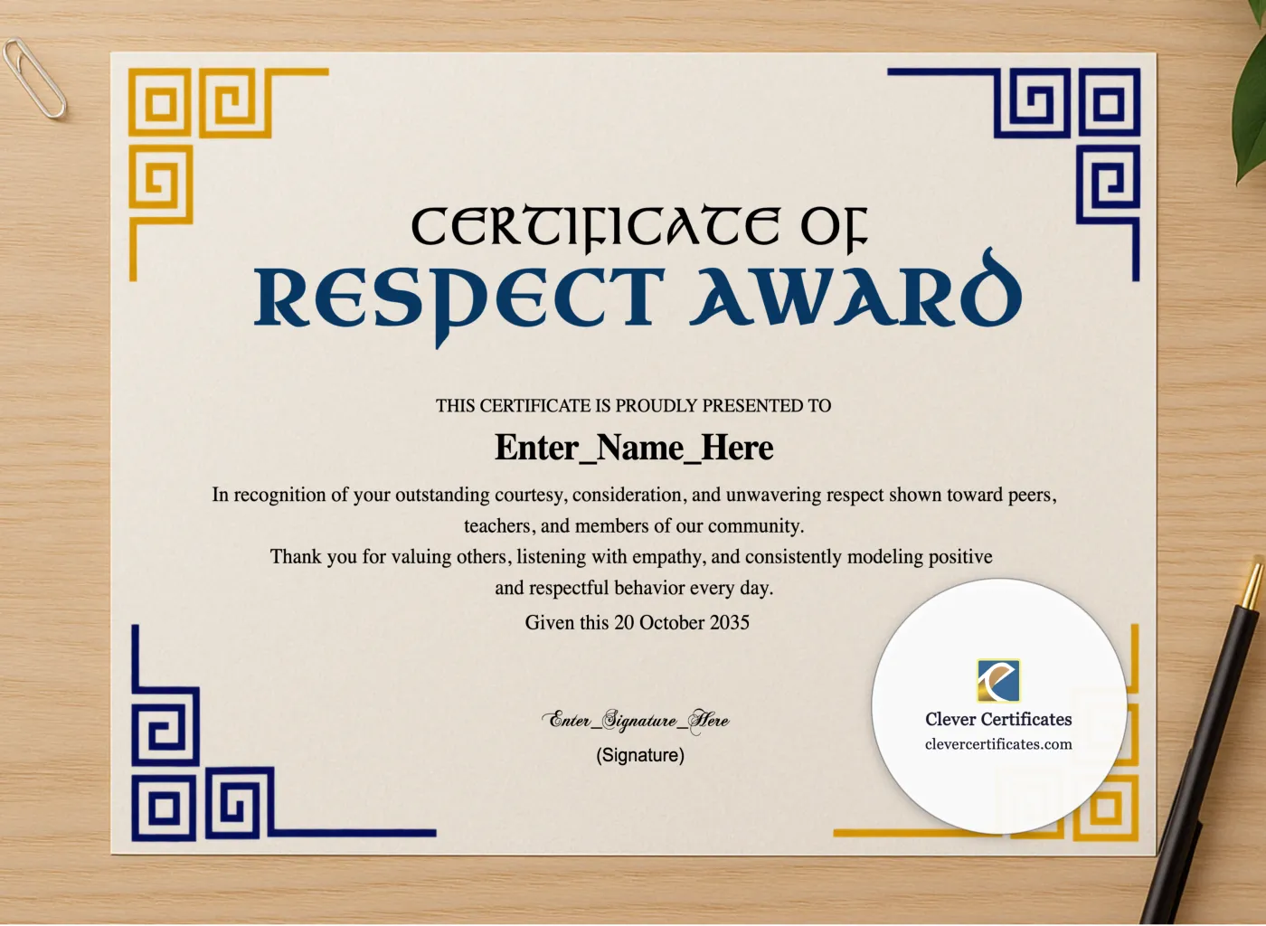 Professional preview of Respect Award Certificate certificate on high-quality stationery paper, ideal for showcasing the final look.
