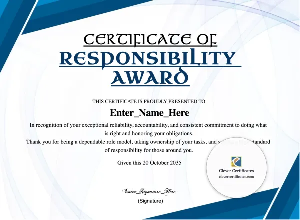 Free Responsibility Award Certificate