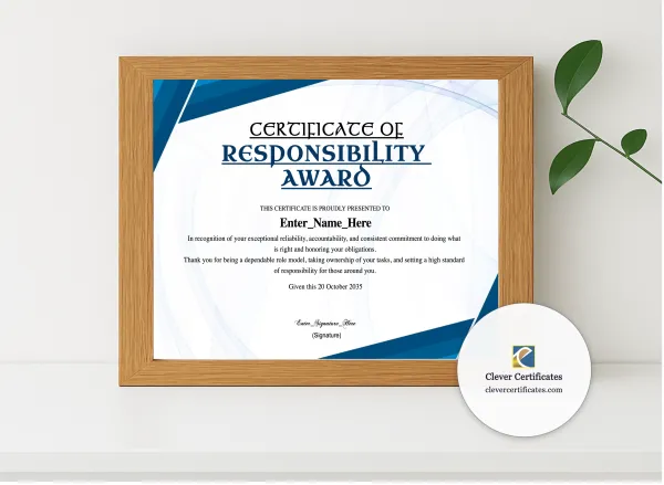 Realistic mockup featuring Responsibility Award Certificate displayed within a modern frame, set against a minimalistic background.