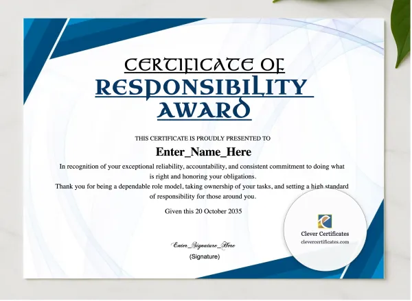 Responsibility Award Certificate presented in a sleek wooden frame, elegantly arranged on a stylish table.