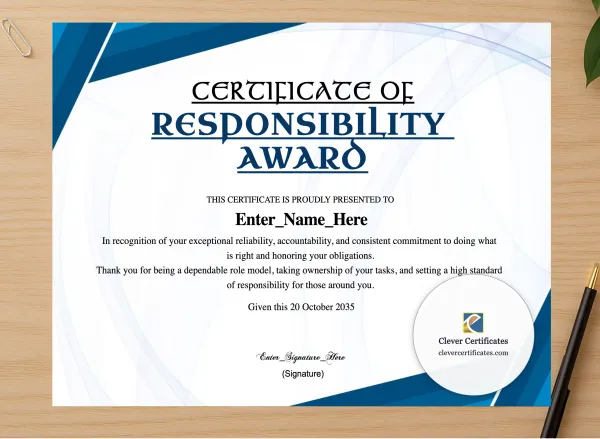 Professional preview of Responsibility Award Certificate certificate on high-quality stationery paper, ideal for showcasing the final look.