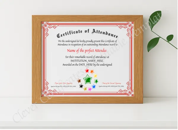 Realistic mockup featuring Certificate Of Attendance displayed within a modern frame, set against a minimalistic background.