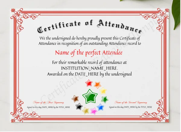 Certificate Of Attendance presented in a sleek wooden frame, elegantly arranged on a stylish table.