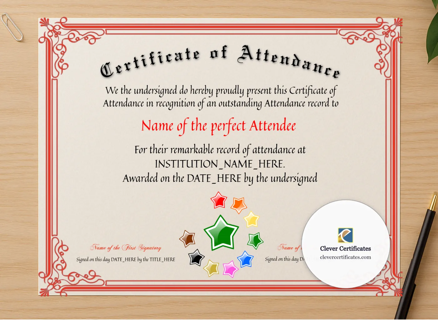 Professional preview of Certificate Of Attendance certificate on high-quality stationery paper, ideal for showcasing the final look.