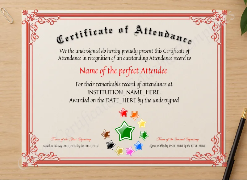 Professional preview of Certificate Of Attendance certificate on high-quality stationery paper, ideal for showcasing the final look.