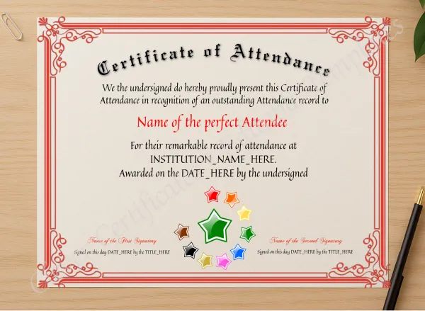 Professional preview of Certificate Of Attendance certificate on high-quality stationery paper, ideal for showcasing the final look.