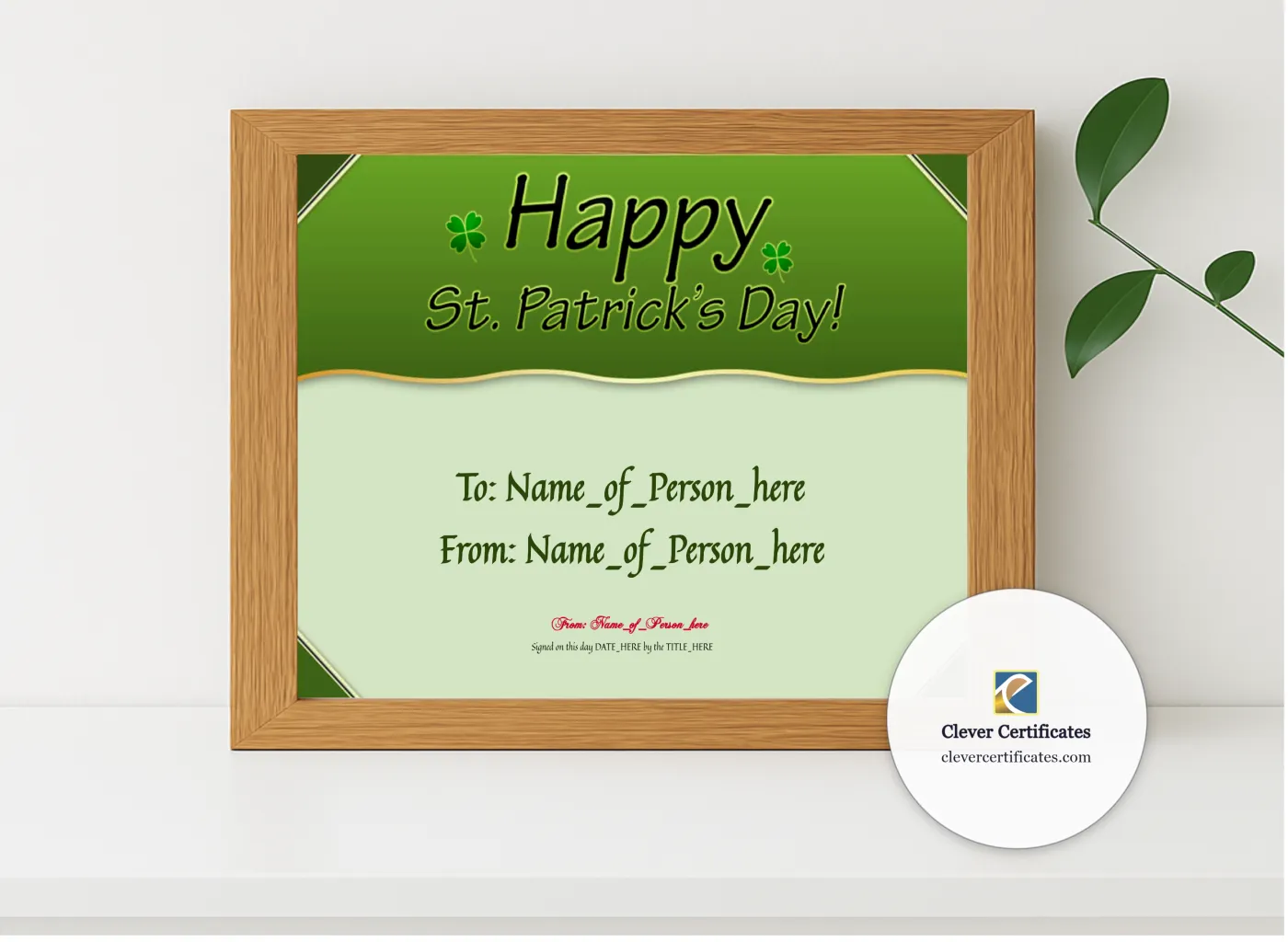 Realistic mockup featuring Happy St Patricks Day 3 displayed within a modern frame, set against a minimalistic background.
