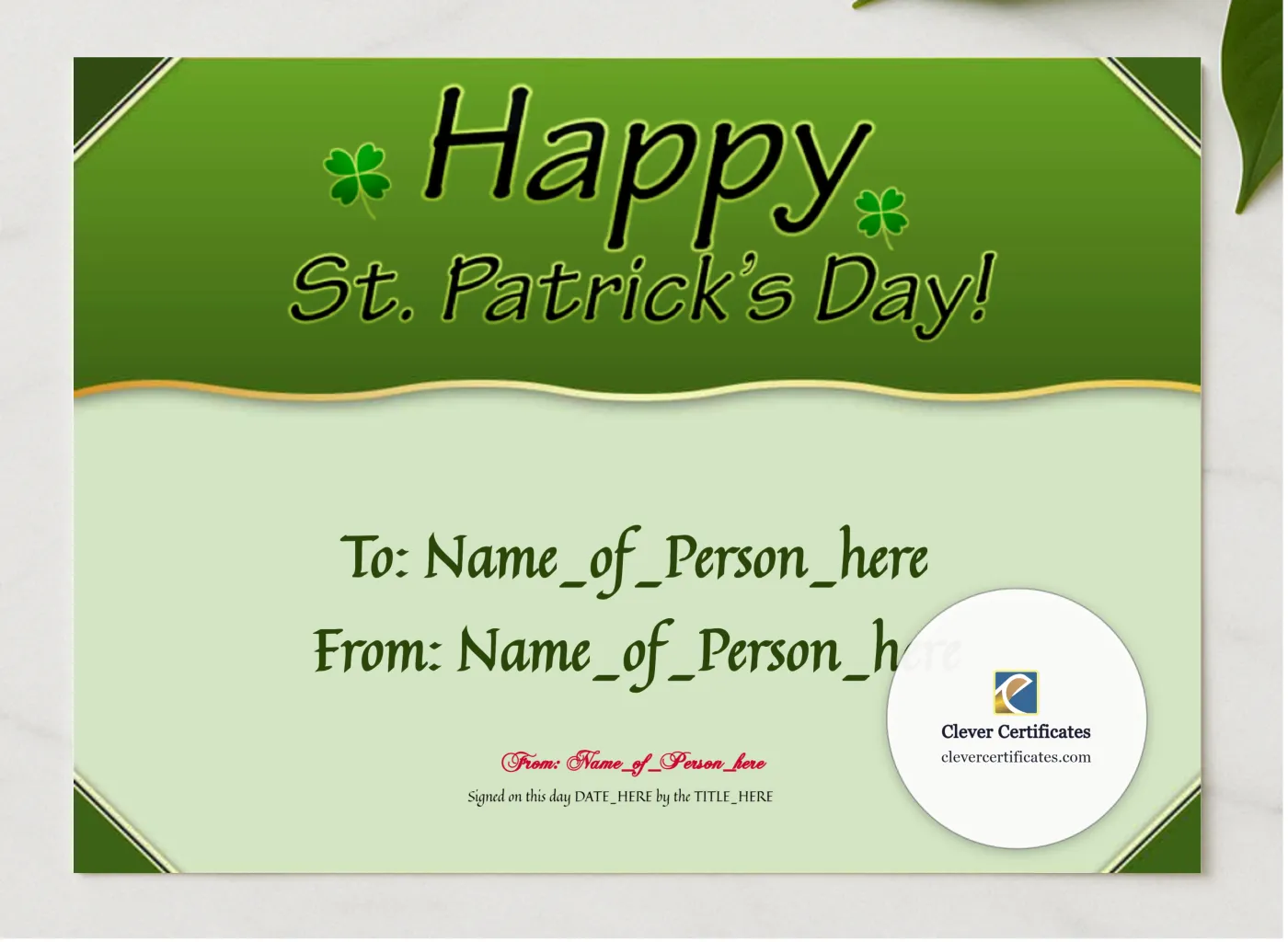 Happy St Patricks Day 3 presented in a sleek wooden frame, elegantly arranged on a stylish table.