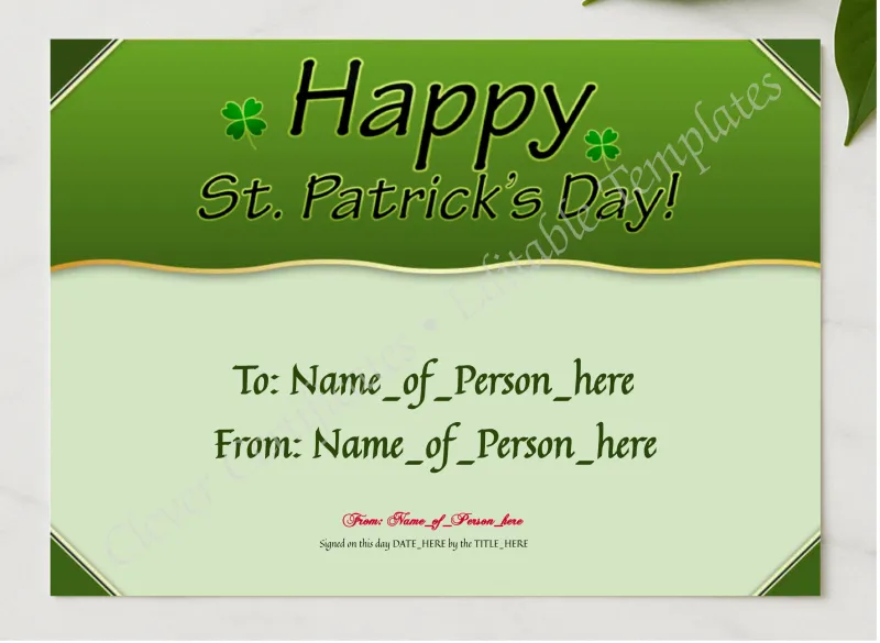 Happy St Patricks Day 3 presented in a sleek wooden frame, elegantly arranged on a stylish table.