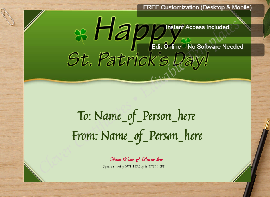 Zoomed preview with Free Editor badge stack for Happy St Patricks Day 3