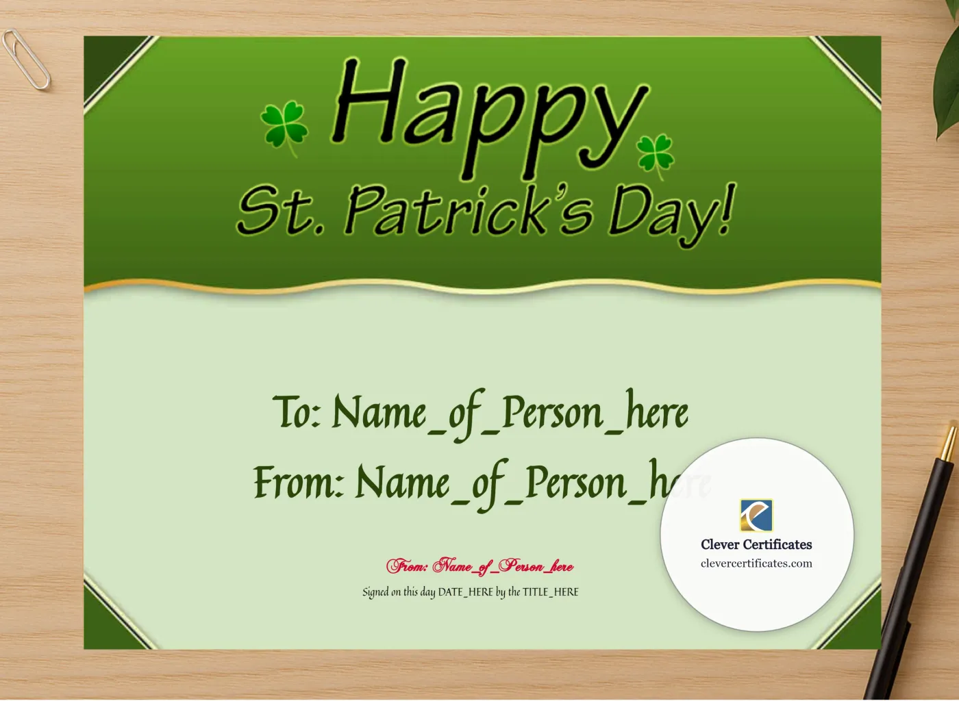 Professional preview of Happy St Patricks Day 3 certificate on high-quality stationery paper, ideal for showcasing the final look.