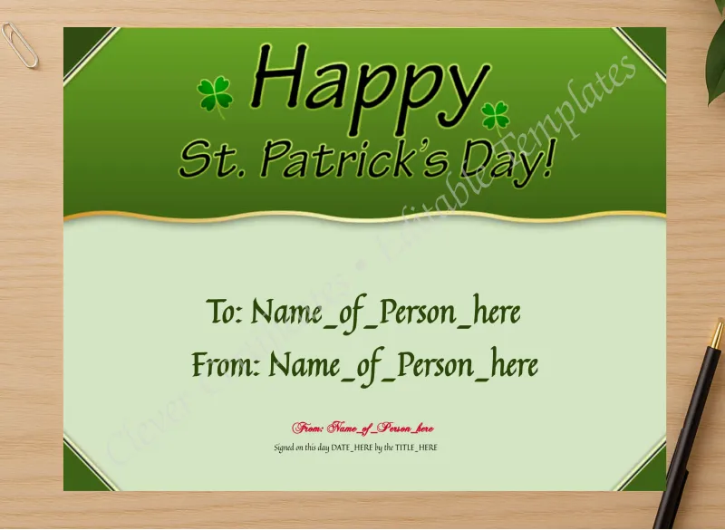 Professional preview of Happy St Patricks Day 3 certificate on high-quality stationery paper, ideal for showcasing the final look.