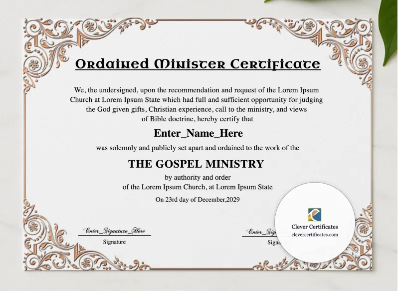 Minister Ordination Certificate Landscape presented in a sleek wooden frame, elegantly arranged on a stylish table.